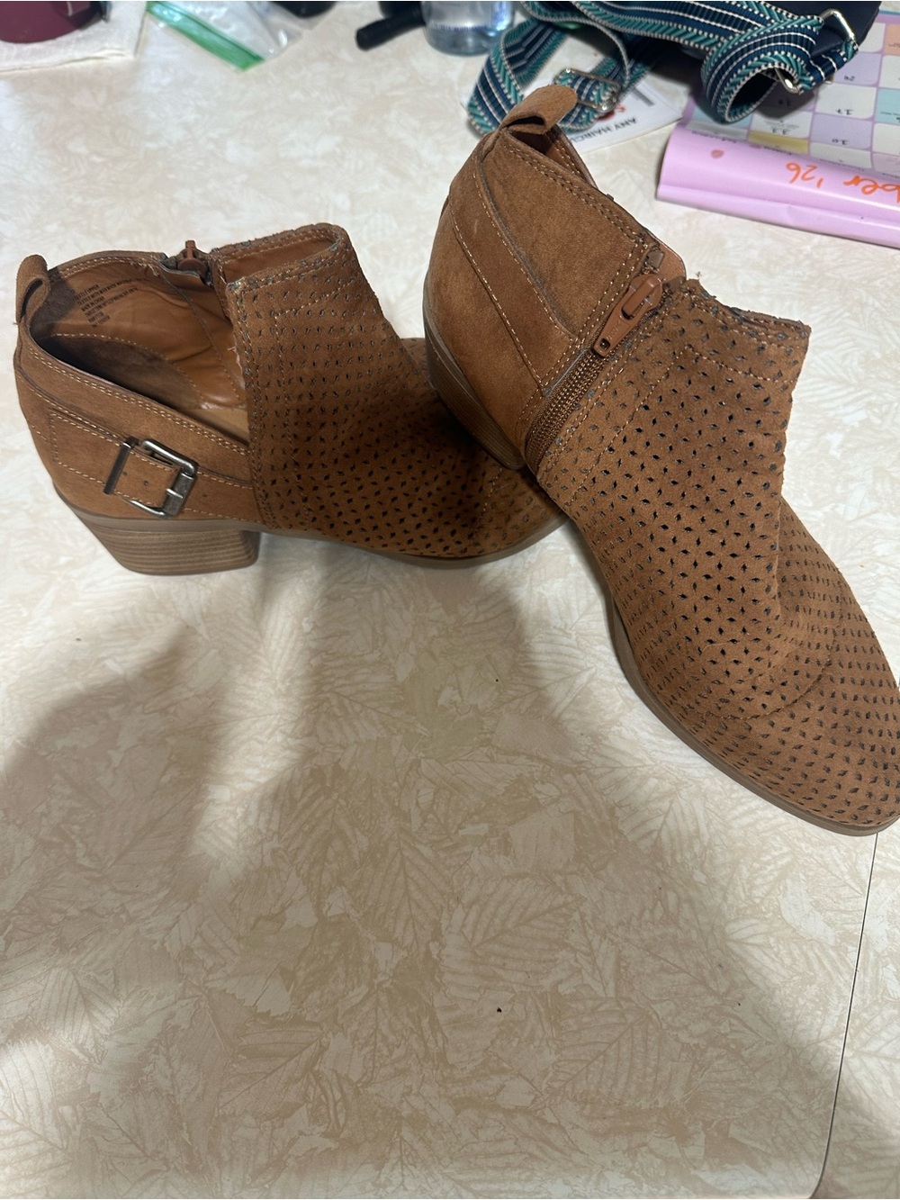 Universal Thread Women's Tan Perforated Suede Ankle Booties with Buckle